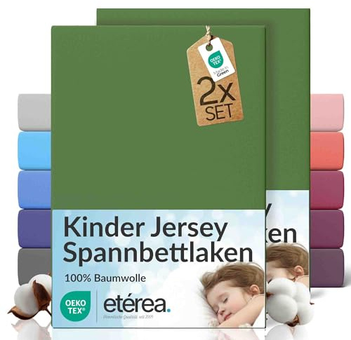 etérea Jersey 2er Set Spannbettlaken 80x160cm - 80x180cm Kaktus bis 20 cm Höhe - 100% Baumwolle Spannbetttuch Oekotex - Kinder Doppelpack Bettlaken 80x160 cm - 80x180 cm - Grün