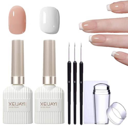 French Manicure Kit Jelly Nude and White Gel Polish Set for French Tips with Nail Stamper & 3Pcs Nail Art Brushes Long Lasting French Manicure Gel for Home DIY Nail Salon