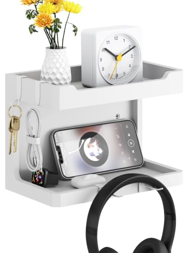 NiHome Large Wall Mounted Wooden Bedside Organizer - Wandmontiertes Massivholz-Regalsystem mit Doppelregal & Magnet-Haken, Bettablage für Handy Brille Fernbedienung(25x13.8x18 cm)