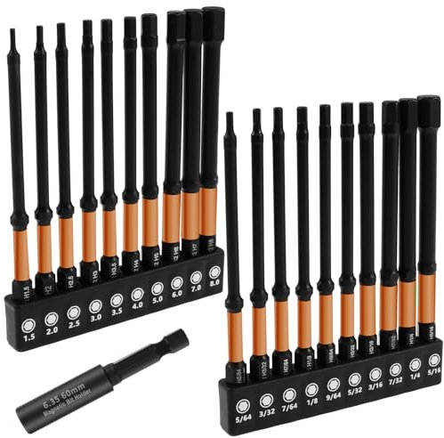 20PCS Hex Sechskant Schraubendreher Bits Lang 100 mm Rostfrei Innensechskant Bitsatz mit Erweiterter Adapter Rutschfester Sechskantgriff für Akkuschrauber Handbohrmaschinen