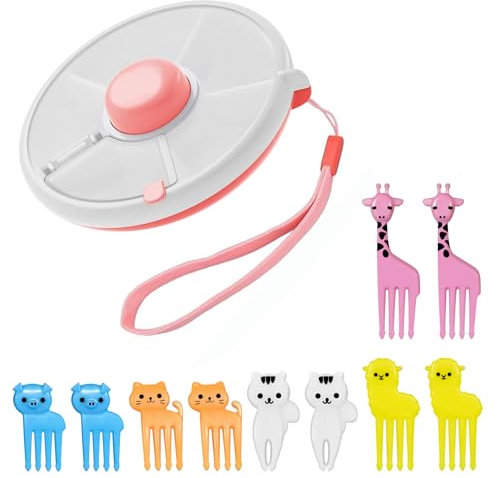Hnonoxy Tragbare Snackbox zum Drehen Snackbox, mit 5 Fächern für Kinder, Rotierender Snack Organizer mit Tiere Obstgabeln für Outdoor, Familie, Party, Nachmittagstee (Rosa)