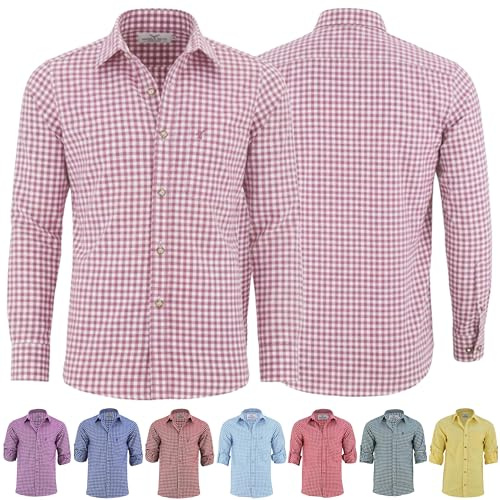 German Wear Trachtenhemden für Herren mit Langen Ärmeln, klassisches Karomuster, hochwertige bayerische Mode mit Hirsch-Stickerei und kardieten Ärmeln