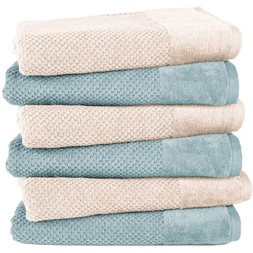 Pure Label 6-TLG. Badetücher Set mit Anhängeschlaufe aus 100% Baumwolle, saugstark, weich und Oeko-TEX Zertifiziert - 6 Badetücher aus Baumwolle 70x140 cm, Creme | Türkis