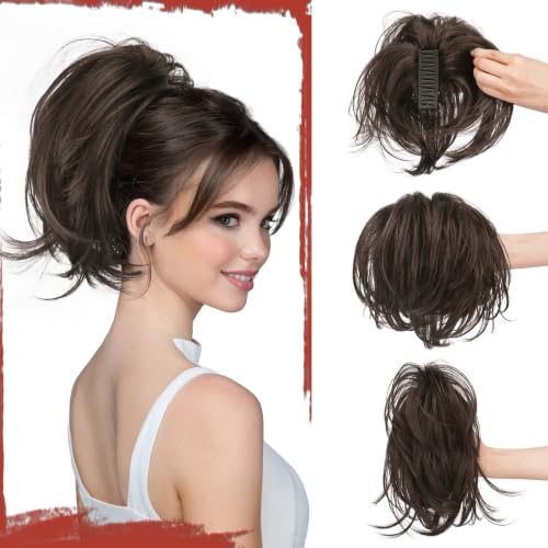 Sofeiyan Haarteil mit Klammer,Haarteil Zopf mit Flexiblem Draht für DIY | Kurze Pferdeschwanz Haarverlängerung,Glattes Kunsthaar Ponytail Extension Perücke für Dünnes Haar,Dunkelbraun Rotbraun Mix