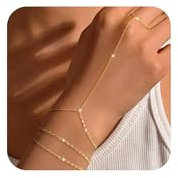 Tewiky Gold Dainty Ring Bracelet Hand Chain for Women - 14K Gold Plated Layered Adjustable Satellite Bead Paperclip Dot CZ Link Hand Chain Bracelets Non Tarnish Trendy Jewelry Gift GD2B