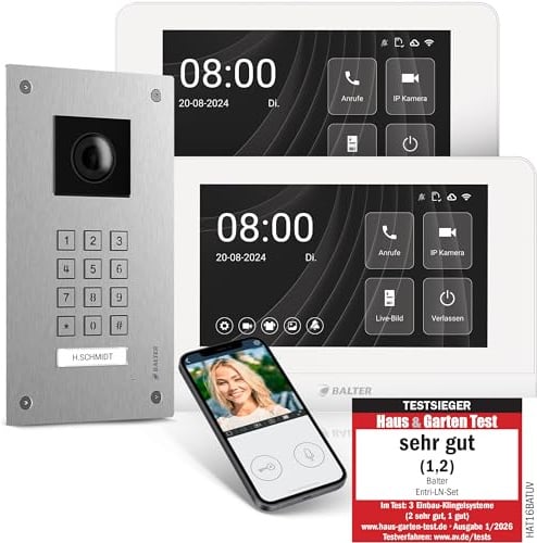 Entri Video Türsprechanlage, Unterputz Türklingel mit Kamera, Smartphone App, 1 Familienhaus, Video Türklingel, 2x7“ HD-Monitor, Full HD Kamera, Gegensprechanlage mit Türöffner und Numpad, 2 Draht Bus