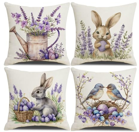 BREASOME Kissenbezug 45x45 cm 4er Set Kissenbezüge Frühling Ostern Hase Vögel Ostereier Blumen Kissenhülle Dekorative Sofakissen Dekokissen Zierkissenbezug für Sofa Couch Wohnzimmer Schlafzimmer