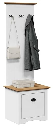 Owoxanthellate Flurschrank BODO Weiß-Braun 50x40x157 cm Kiefernholz Garderobenmöbel mit 3 Haken & Schublade platzsparend für Flur Wohnzimmer Schlafzimmer