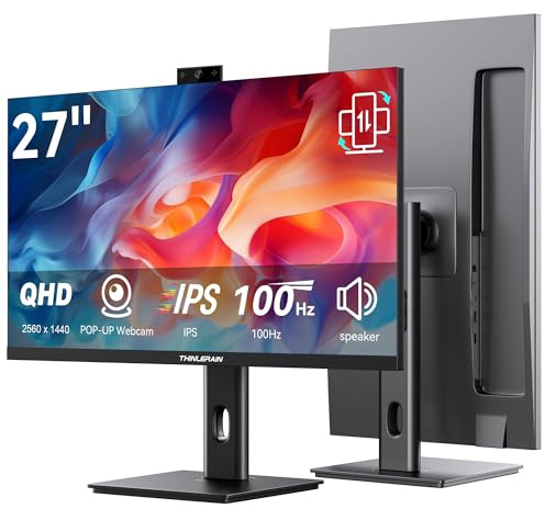 27 Inch 2K Monitor with Pop-Up Webcam - UHD 2560 x 1440 IPS Screen Computer Monitor, 100Hz Vertical Gaming PC Screen, Built-in 3MP Webcam & Microphone, HDMI, DisplayPort, Display for Office Home Work