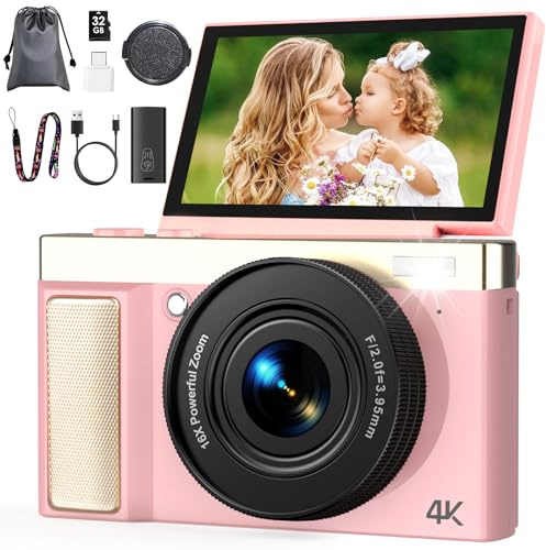 4K 64MP Digital Camera with 32GB TF Card, 3 180° Flip Screen Autofocus Camera with 16x Zoom and Macro, Compact Rechargeable Vlogging Camera Gifts for Kids Beginners Adults Pink