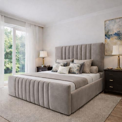 J&S BEDS Super King Size Bed with Headboard, Luxury Serenity Velvet Upholstered Panel Bed, 6FT Super King Bed Frame with Slatted Base - Pebble Plush