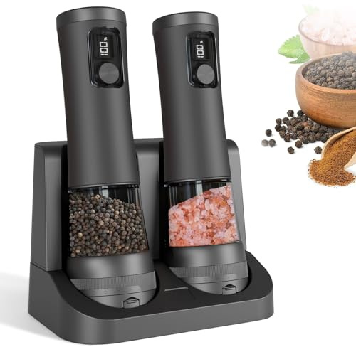 Molinillo Pimienta con Indicador del Nivel de Batería(Negro) | Con Base de Almacenamiento Recargable, con Ajustes de Grosor y Velocidad de Molienda Regulables. Utensilios de Cocina