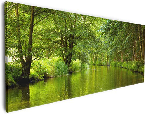 Wallario XXXL Riesen- Leinwandbild Spreewald in Brandenburg grüne Wälder und Spiegelungen im Wasser - Wandbild 80 x 200 cm Brillante lichtechte Farben, hochauflösend, verzugsfrei, Kunstdruck