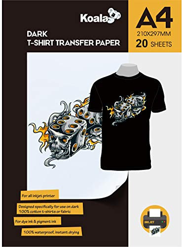 KOALA Inkjet Transferpapier zum Aufbügeln für Dunkle T-Shirt/Textilien, DIN A4, 20 Blatt. Für Tintenstrahldrucker