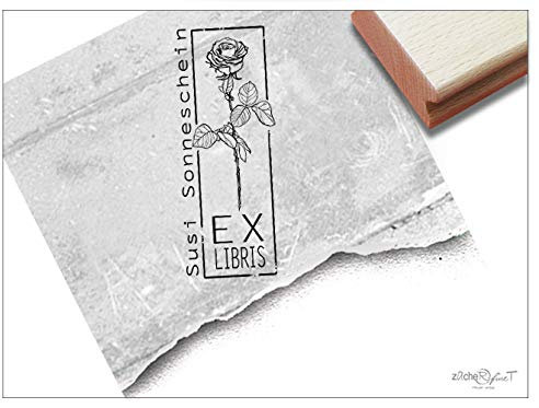Stempel - EX LIBRIS Stempel personalisiert, Motive wählbar - Individueller Buchstempel Schulstempel Geschenk Schule Beruf Bibliothek - zAcheR-fineT (Motiv: Rose II)