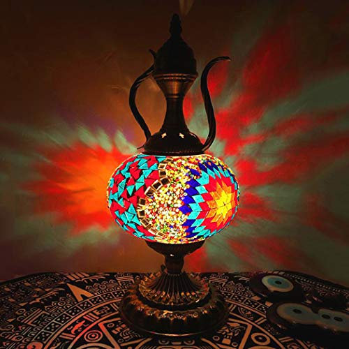 Turkish Mosaic Table Lamp Teapot Moroccan Desk Lights Bohemia Handmade Glass Night Light for Living Room Dining Room Dressing Table Cafe Bar Hotel Decorative, E14,A