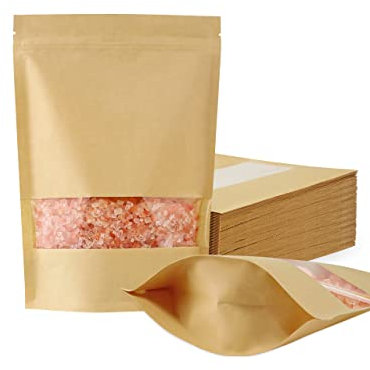 FireKylin 100 sacchetti di carta kraft con finestra, 16 x 21,8 cm, sacchetti per alimenti con chiusura a cerniera, riutilizzabili, sigillabili