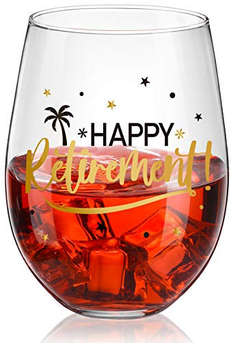 Happy Retirement Stemless Wine Glass, Black and Gold Happy Retirement Crystal Cup Wine Glass Present for Women Man Friend Retirement Party Decorations Favor, 17 oz Stemless