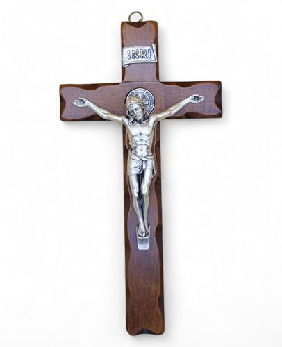 Wandkreuz – Heiliger Benedikt – Handarbeit Made in Italy Christus und Inri Silber 999 – Wandkreuz aus Holz, Pflege und Präzision der Details des Jesus Kruzifix – 21,5 x 9,5 cm
