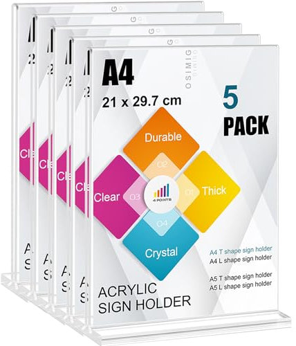 OSIMIG 5 Stück Aufsteller A4, Tischaufsteller A4 Werbeaufsteller Glasklar Acryl, Tischständer Acryl T-Ständer für Prospekte Werbung Fotorahmen Menükarte, Büro, Restaurant, Cafe, Shop
