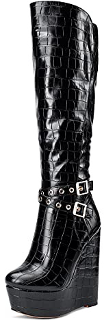 NobleOnly Scarpe col Tacco Donna Plateau Zeppa Stivali Metà Polpaccio Cerniera Wedge Boots 16CM High Heels Nero Opaco Reticolo Scarpe EU 38