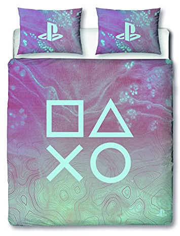 PlayStation Marmor-Bettbezug für Doppelbett, offiziell lizenziert, wendbar, zweiseitiges Marmor-Design mit passendem Kissenbezug, Polycotton, Rosa