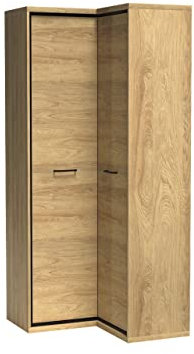 Mirjan24 Eckkleiderschrank Berspe BP14 mit Kleiderstange und Fächer, Garderobenschrank, L-Form Schrank, Drehtürenschrank, Eckschrank für Diele & Flur, Kleiderschrank (Hikora Natur)