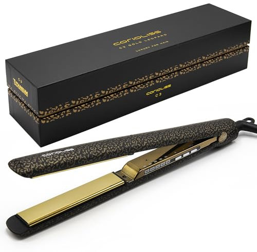 Corioliss C3 | Plancha del pelo Profesional | Placas extralargas de titanio | Alisado y Ondas | Temperatura ajustable 135º-235º | Calentamiento 20 seg | Con funda de Viaje | Leopard Gold