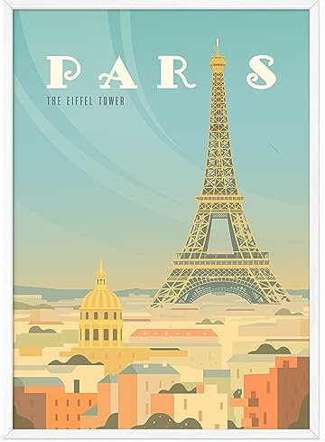 JUNOMI® Paris Poster XL, DIN A2 Wohnzimmer Deko, Modernes Wandbild, Paris Bild, Reiseposter, Paris Wandbild | Mit Rahmen Weiß