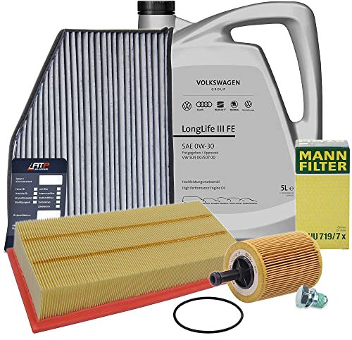 BESTPRICE Inspektionspaket Filterset mit 1x Ölfilter; 1x Luftfilter; 1x Innenraumfilter (Aktivkohle); 1x Ölablassschraube mit Dichtring; 1x Motoröl 0W-30 VW LongLife 3 FE 5 l; 1x Ölwechselanhänger