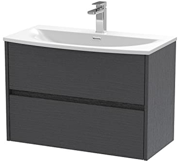 Hudson Reed HAV2206G Havana Modern Bathroom Wall Hung 2 Drawer Vanity Basin Unit & Curved Ceramic Basin, 800mm, Woodgrain Graphite Grey
