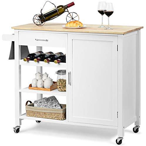 GOPLUS Desserte de Cuisine à roulettes, Chariot de Cuisine en Bois avec Casiers à Vin pour 3 Bouteilles, 2 Étagères, Tiroir, Placard et Porte-Serviettes, 100 x 48 x 90 CM, Blanc