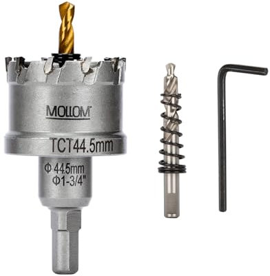 Mollom (44.5mm | 1-3/4) Scie cloche en carbure pour usage intensif avec 2 forets pilotes, coupe l'acier inoxydable, l'acier doux, le fer, le cuivre, le laiton et le plastique