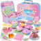 PRE-WORLD Teeservice für kleine Mädchen, Prinzessinnen-Tee-Party-Spielzeug, inklusive Dessert, Kekse, Donut, Teekanne, Tablett, Kuchen, Tischdecke und Tragetasche, Kinderküche, Rollenspiel für Mädchen