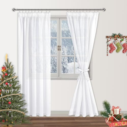DWCN Sheer Voile Vorhänge mit Kräuselband Gardinen Leinenoptik 2 Stücke Gardinen für Wohnzimmer Halbtransparent Vorhänge, Durchsichtige Gardinen Weiß mit Vorhang-Krawatten, 245x140cm (Höhe x Breite)