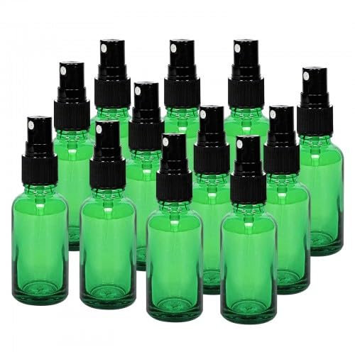 12PCS 30ml Bote Spray Pulverizador Cristal, Botellas de Aceite Esencial de Vidrio, Pequeñas Botellas de Aerosol de Niebla Fina Recargables y Reutilizables de Viaje para Aceite Esencial(Verde)