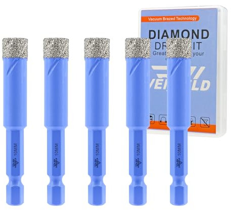 Juego de Brocas Diamante Seco - 5 Piezas 10mm Corona Diamante para Baldosas Porcelana Cerámica Mármol Granito - Vástago Hexagonal de Cambio Rápido con Estuche VENJELD