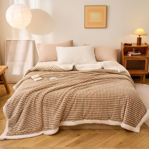 Hixingo Einfarbig Fleecedecke Kuscheldecke Wolldecke, Mikrofaser Sofa Überwurfdecke Flauschig Sofadecke, Weich Sofaüberwurf Couchdecke Wohndecke (180x200cm,Kleines Braun Karo)