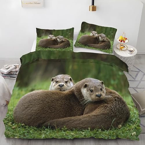 BAIL Bettbezüge 155x220 Gras, Bettwaesche Otter, Bettbezug Mikrofaser 3teilig, Bettwäsche Weich Atmungsaktiv und 2 Kissenbezüge 80x80 cm, mit Reißverschluss