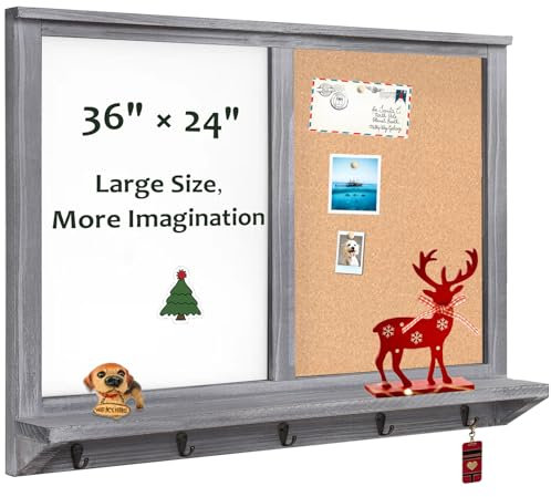 Umtiti Tableau blanc mural 60 x 90 cm et panneau en liège avec crochets, tableau blanc et tableau d'affichage, cadre gris vintage en bois de pin massif (ZSB-6090GY)