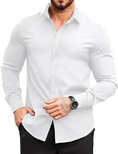 COOFANDY Men's Long Sleeve Non Iron Plain Dress Shirt Slim Fit Casual Work Business Formal Shirt White L