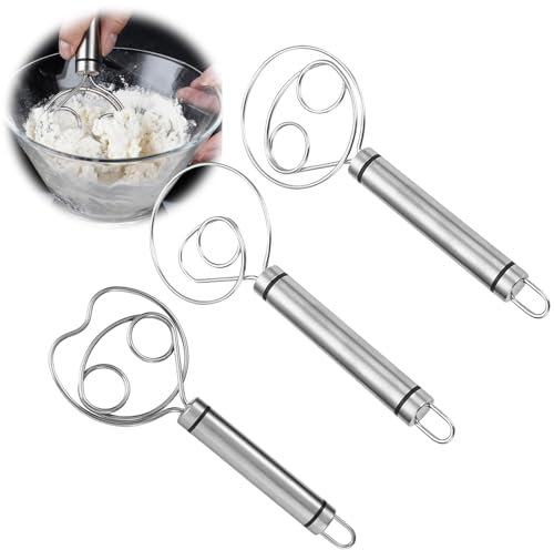Batidor danés de masa danesa: HOMURY 3 unidades batidora de pan de acero inoxidable con agujeros dobles, batidor de huevo batidora para hacer pasteles de pan, postres, masa de pizza