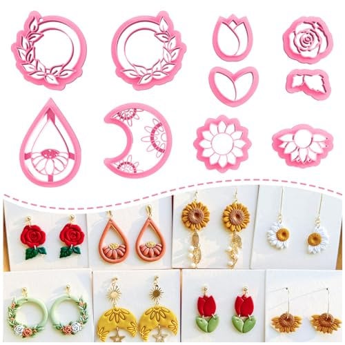Keoker Blumen-Tonschneider, Frühlings-Modelliermassen-Ausstecher, Polymer-Ton-Blumen-Ausstecher, 10 Formen, Blumen-Ton-Ohrringe, Boho-Tonschneider für Polymer-Ton-Schmuck (A)