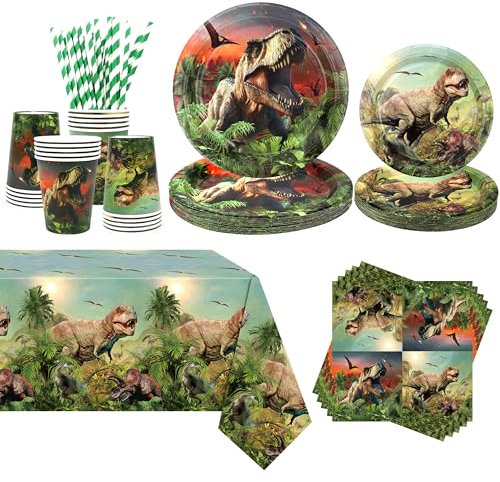 Obussgar Dinosaur Birthday Party Decorations - Dinosaur Party Supplies Including Plates, Cups, Napkins, Straws, Tablecloths - Serves 20