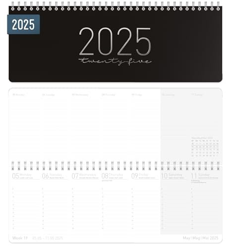 Häfft® Internationaler Wochen-Tischkalender 2025 quer Black Edition 1 Woche 2 Seiten, Wochenkalender 29,8 x 11,6 cm, mehrsprachiger Schreibtisch-Kalender - nachhaltig & klimafreundlich