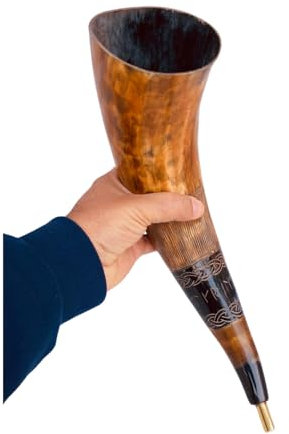Wikinger Krieg Blashorn Echte Rinderschlachttrompete Schofar – handgraviert, einfacher und klarer Klang, Wikingergeschenk für Männer und Frauen (Messinghorn, 38,1 cm)