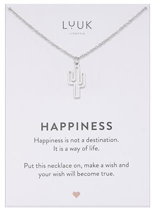 LUUK LIFESTYLE Collar de cáctus estilo minimalista, sencillo con tarjeta mensaje HAPPINESS, colgante de cáctus pequeño, idea de regalo mujer, novia, día de la madre, plateado