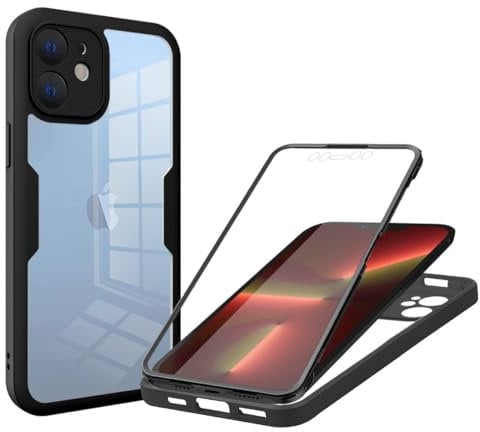 Skyhewen for iPhone 12 Case Built-in Screen Protector, 360°Full Body Military Grade Drop Protection Transparent Silicone Rugged Bumper Cover Clear Phone Case for iPhone 12, Black