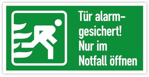 Aufkleber Rettungszeichen Fluchtweg Notausgang „Tür alarmgesichert! Nur im Notfall öffnen, rechts“ Hinweis Folie | 148 x 74 mm Made in Germany