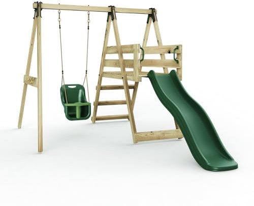 Rebo Glide Wooden Single Swing Set with 6ft Slide and Swing Seat – Orchid (Dark Green Baby Swing) | OutdoorToys | Kids Outdoor Wooden Play Equipment for Gardens, Frame & Accessories Included